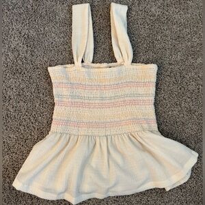 Madewell Cream and Pink Smocked Peplum Top